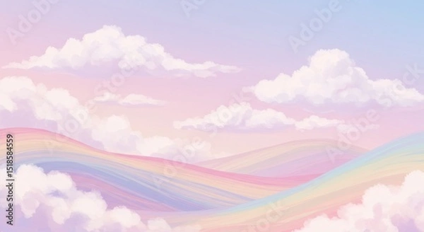 Obraz Dreamy pink clouds over soft hills.