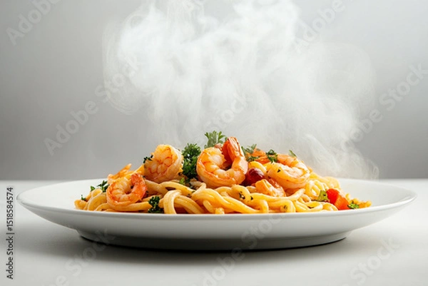 Fototapeta Spaghetti with shrimps, tomato and chopped parsley. AI generative