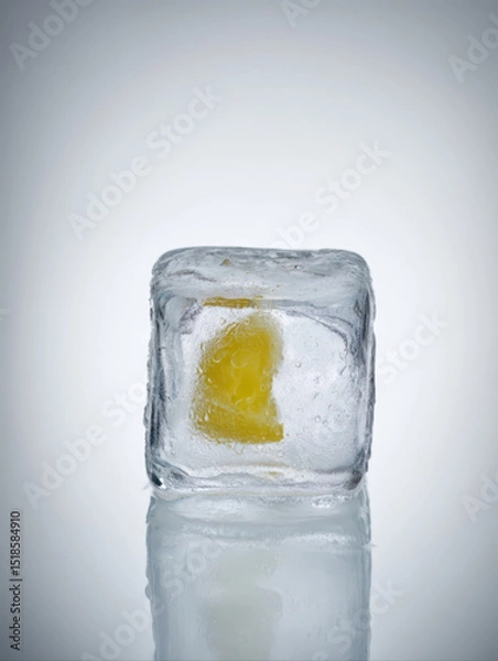 Obraz A realistic side-view of a single ice cube with a frozen lemon wedge inside