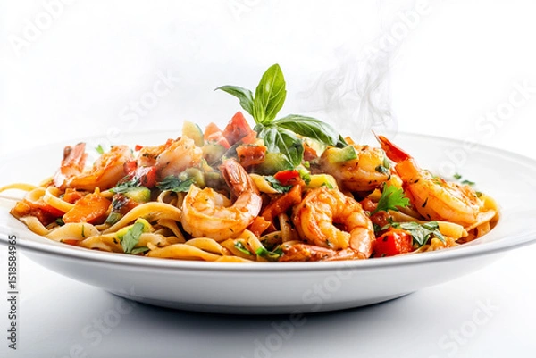 Fototapeta Spaghetti with shrimps, tomato and chopped parsley. AI generative