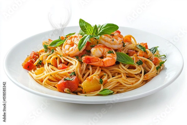 Fototapeta Spaghetti with shrimps, tomato and chopped parsley. AI generative