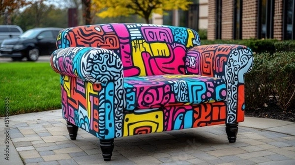 Obraz Colorful, patterned armchair situated outdoors.