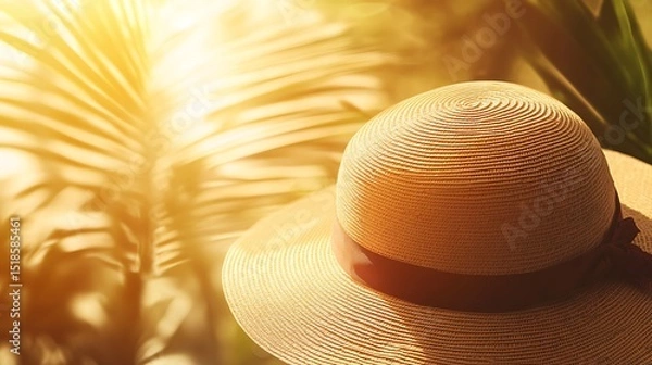 Fototapeta Trendy Summer Sun Hat Featured With Exotic Beach Resort and Clear Space Provided for Brand or Product Placement
