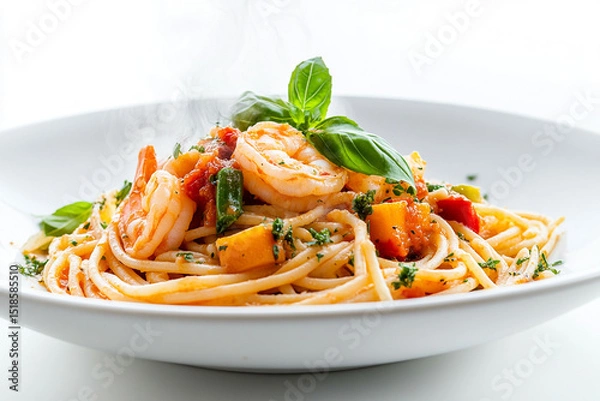 Fototapeta Spaghetti with shrimps, tomato and chopped parsley. AI generative