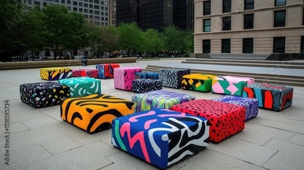 Obraz Colorful, patterned seating arrangements in a public urban space.