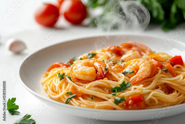 Fototapeta Spaghetti with shrimps, tomato and chopped parsley. AI generative