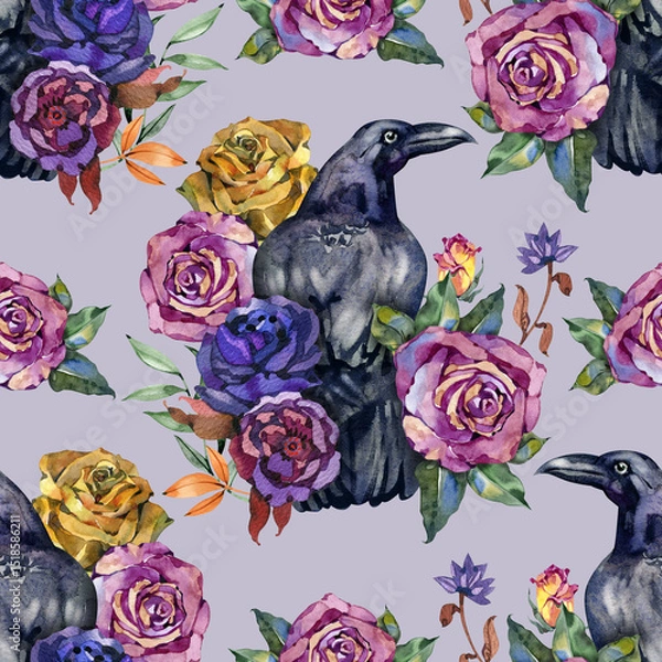 Fototapeta Watercolor vintage seamless pattern. Raven birds with roses. Halloween gothic seamless pattern with creepy birds and flowers in goth style. Watercolor spooky background for scary design