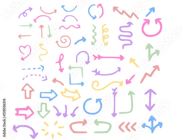 Obraz Set of simple hand drawn pastel arrows doodle on white background.Colorful element or banner.Collection of line and curve.Sign, symbol, icon or logo isolated.Flat design.Graphic.Vector illustration.