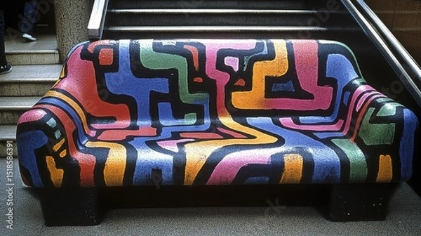 Obraz Colorful, abstractly patterned bench sits on steps.