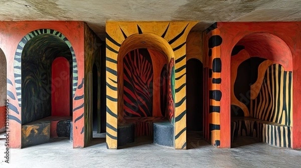 Obraz Colorful arched alcoves decorated with animal print murals.