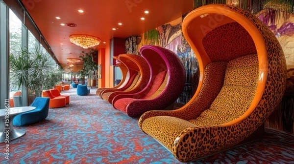 Obraz Vibrant lounge area with unique, colorful seating.