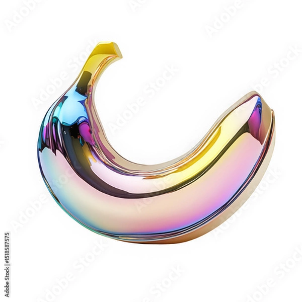 Fototapeta Melting chrome banana in holographic Y2K design. Iridescent pastel tones, shiny liquid metal surface, shape with a dreamy reflective glow.