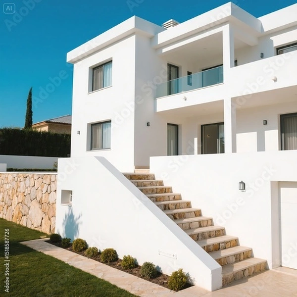 Obraz White Modern Villa with Stone Steps and Sunny Exterior
