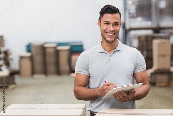 Obraz Male warehouse worker checking inventory with clipboard and pen in large warehouse, copy space
