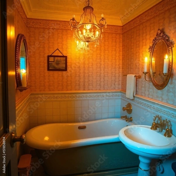 Obraz Elegant vintage bathroom featuring a chandelier and decorative mirrors in soft lighting