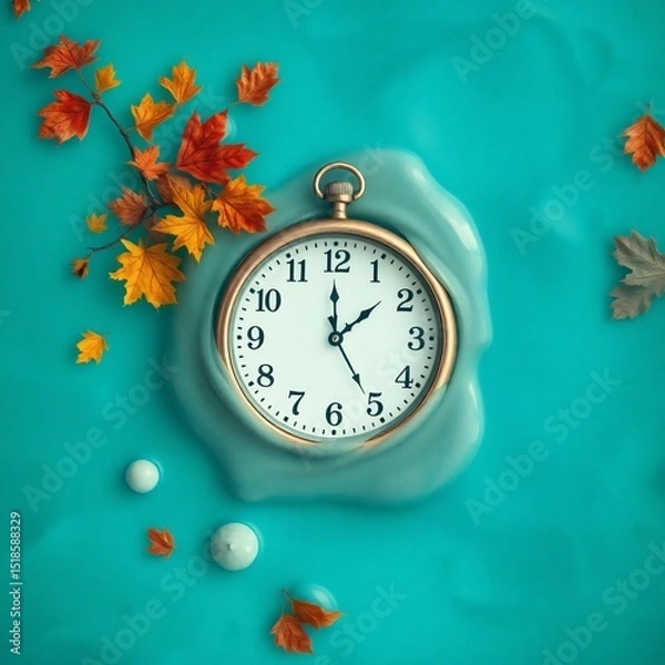Obraz Clock surrounded by autumn leaves on a turquoise background during fall season