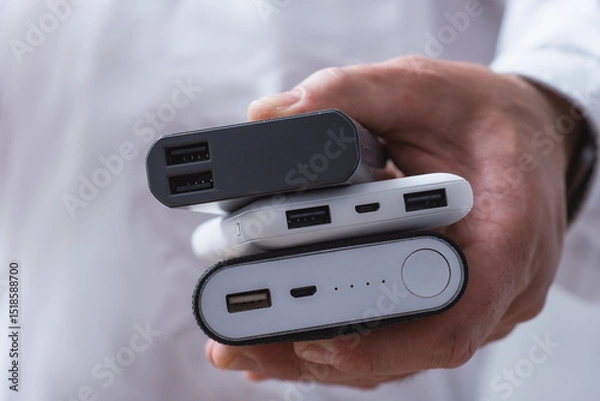 Obraz Man hand holds three different power bank. Modern portable chargers with USB connectors for charging smartphones and gadgets.