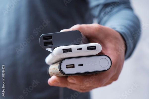 Obraz Man hand holds three different power bank. Modern portable chargers with USB connectors for charging smartphones and gadgets.