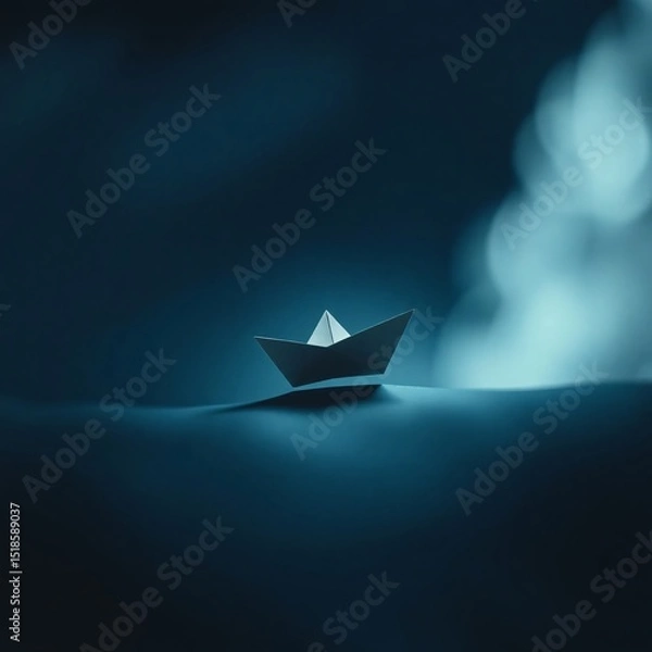 Obraz Small paper boat gliding on calm water in a dimly lit environment at night