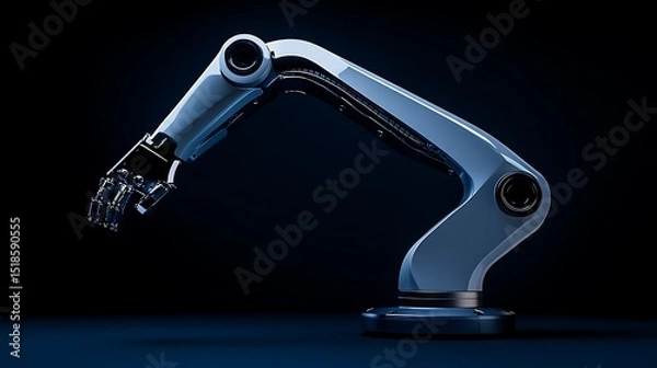 Fototapeta Innovative Desktop Robotic Arm on the Left Side with Clean Dark Blue Setting and Space Reserved for Headline Text