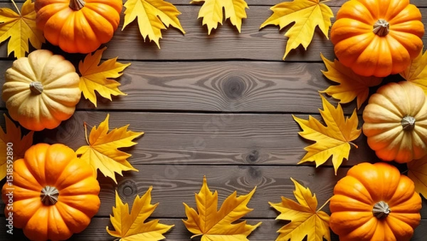 Fototapeta AI generated images of maple leaves in autumn colors, and pumpkins. On a wooden background