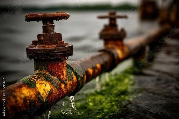 Obraz A close-up of a heavily rusted and aged water pipe with valves, exhibiting corrosion and deterioration due to prolonged exposure to the elements and aquatic environment.