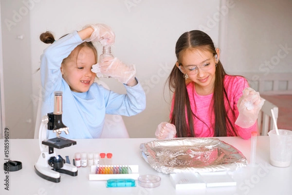 Obraz Happy, cheerful children mix liquids and reagents in a test tube doing school experiments and Trials