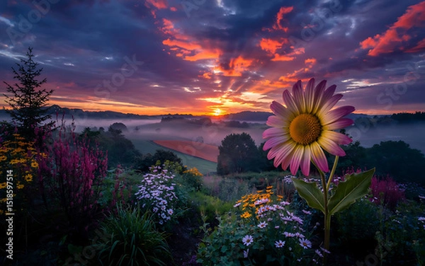 Obraz A stunning sunset illuminates a giant daisy amidst a vibrant field of wildflowers.