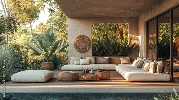 Obraz Covered outdoor lounge area with plush seating and woven furniture near a pool and lush greenery