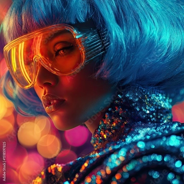Obraz Portrait of a woman with blue hair wearing futuristic orange glasses and a sequined jacket in bokeh lights