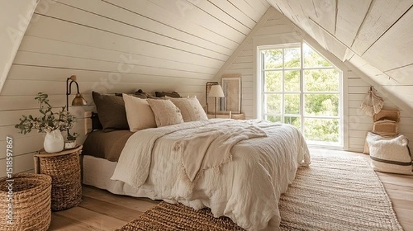 Obraz A cozy attic bedroom with white wood paneling, a large bed, and natural light from a window view