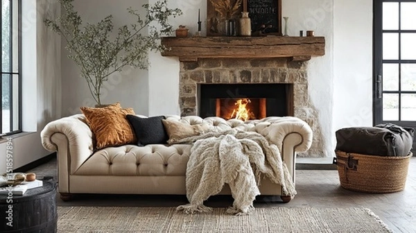 Obraz A cozy living room with a fireplace, a tufted sofa, pillows, and a woven basket with a cushion on top
