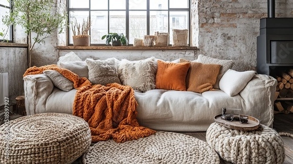 Obraz Cozy living room interior with a large white sofa, orange throw blanket, and woven poufs near a window