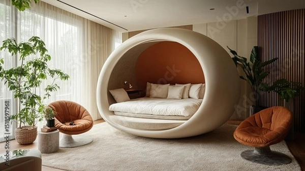 Obraz A modern bedroom featuring a unique circular bed frame with orange chairs and indoor plants around it