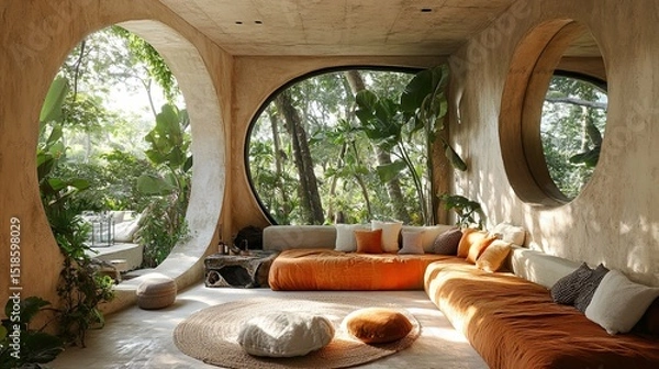 Obraz Interior view of a living space with round windows overlooking lush greenery and a large orange couch