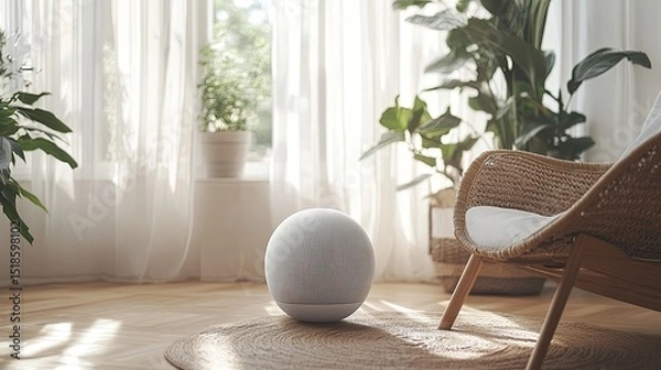 Obraz Interior view of a living room with a round speaker, chair, plants, and sheer curtains in bright light