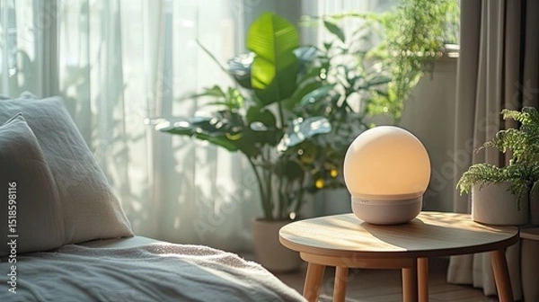 Obraz Illuminated sphere lamp on wooden table near bed and lush plants in a bright sunlit room setting
