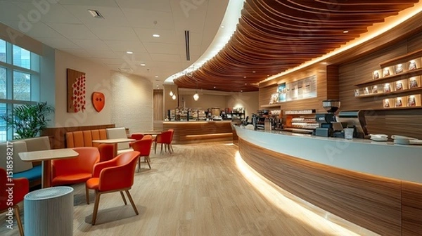 Obraz Interior view of a modern coffee shop with wooden accents and orange seating arrangements present now