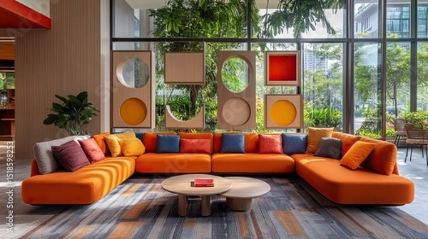 Obraz Interior view of a modern lobby with an orange sectional sofa and abstract wall decorations near windows