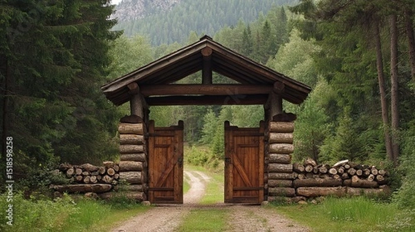 Obraz Rustic wooden gate stands open in a lush green forest with a dirt path leading through the entrance