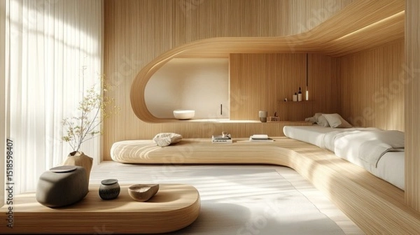 Obraz A serene bedroom with light wood paneling, platform bed, and minimalist decor in a modern design