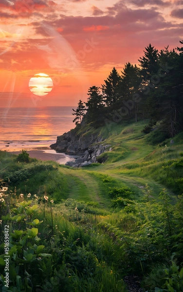 Obraz The sun dips below the horizon, casting a warm glow over the coastal path and ocean.