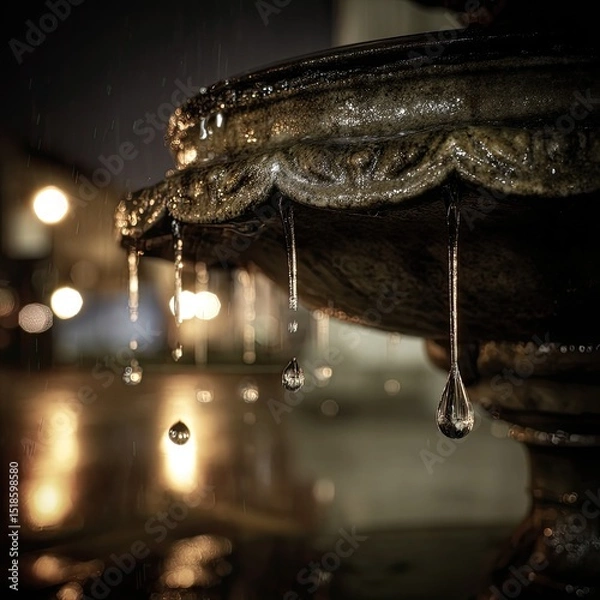 Obraz A close up of a water fountain with water droplets falling in the night time with blurred lights behind