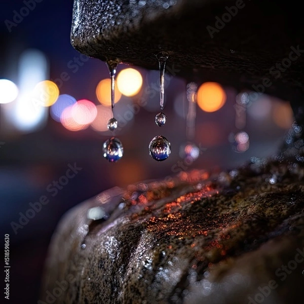 Obraz Close up of water droplets falling from a stone surface with blurred lights in the background at night