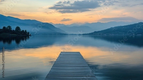 Obraz A wooden dock extending into a calm lake reflecting the colors of the sunset with distant mountains