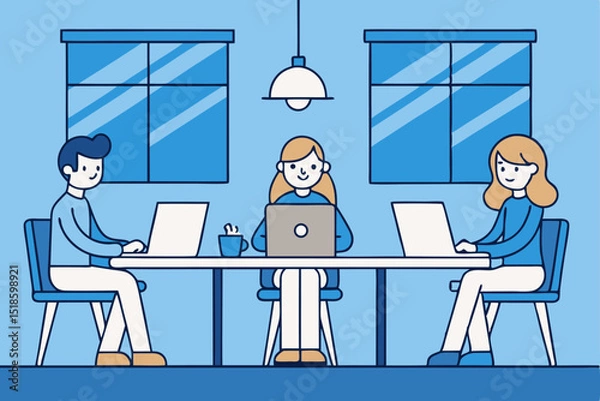 Fototapeta Three people in blue office using laptops, business or collaboration concept, workspace and productivity, teamwork and focus.