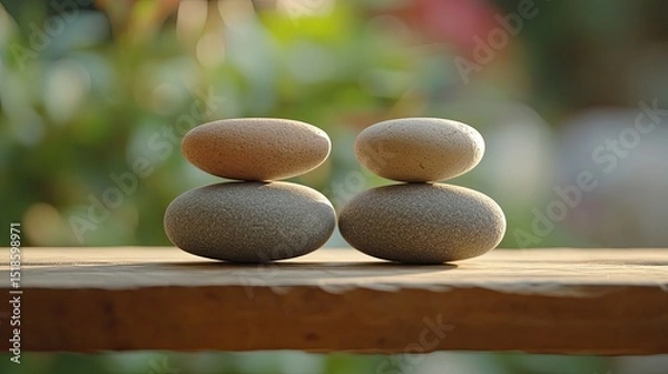 Obraz Two stacks of smooth stones balanced on a wooden surface against a blurred green background outdoors