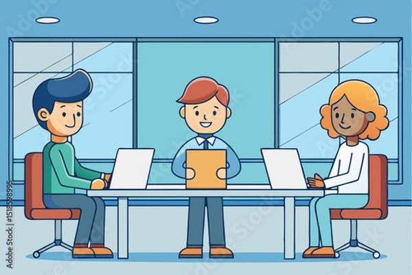 Fototapeta Three people in office using laptops, business or collaboration concept, workspace and discussion, productivity and teamwork.