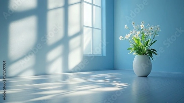 Obraz A bright room with a white vase of flowers near a window casting shadows on the light blue wall