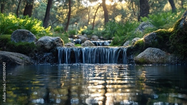 Obraz A serene waterfall cascading into a calm pond surrounded by lush greenery and mossy rocks in nature